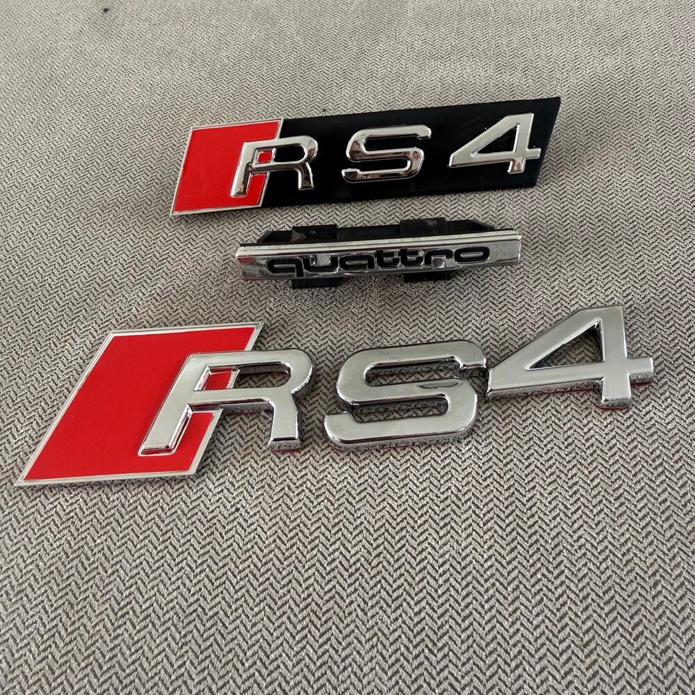 Audi RS4 Quattro Emblem Badge Set Red Chrome Black Grille Trunk Fender 3 Pieces